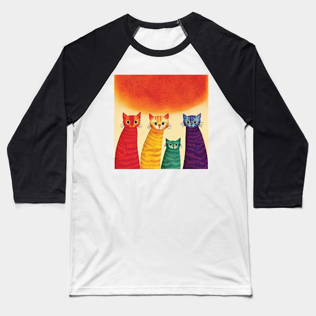 Four Quirky Multicoloured Cats Print. Purple, Red Yellow and Green Baseball T-Shirt by Geminiartstudio